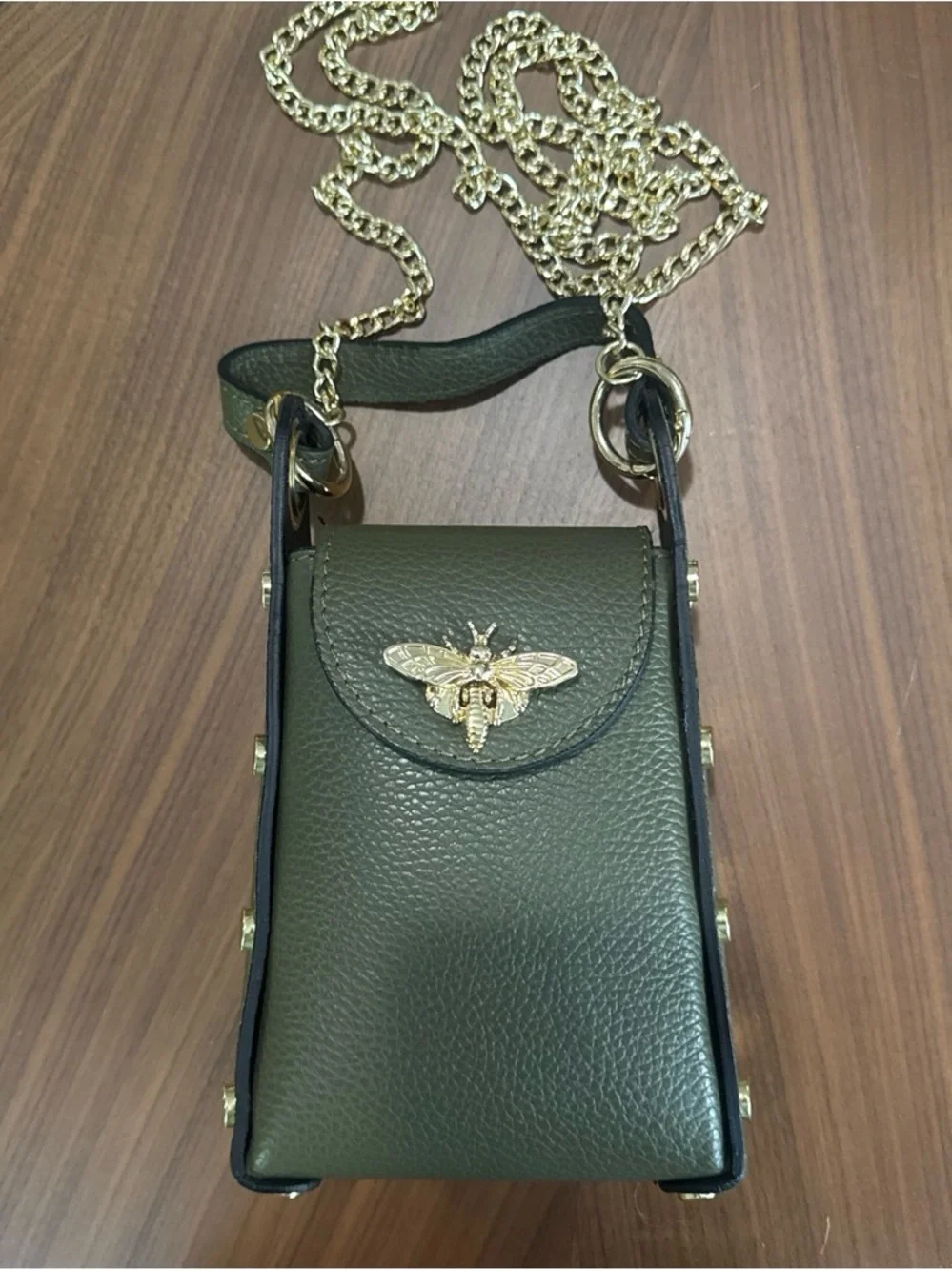 Olive Green Bee-Embellished Leather Crossbody Phone Bag